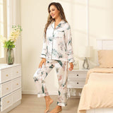 Silk Pajama Set For Women Long Flower Print Silk Pyjamas White XS