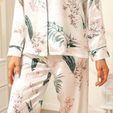 Silk Pajama Set For Women Long Flower Print Silk Pyjamas White XS