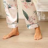 Silk Pajama Set For Women Long Flower Print Silk Pyjamas White XS
