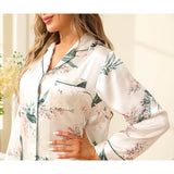 Silk Pajama Set For Women Long Flower Print Silk Pyjamas White XS