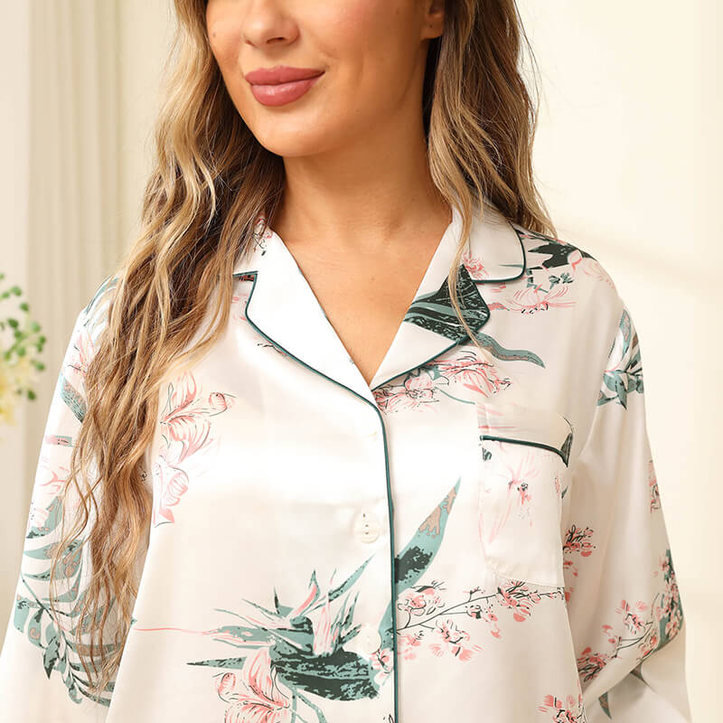 Silk Pajama Set For Women Long Flower Print Silk Pyjamas White XS