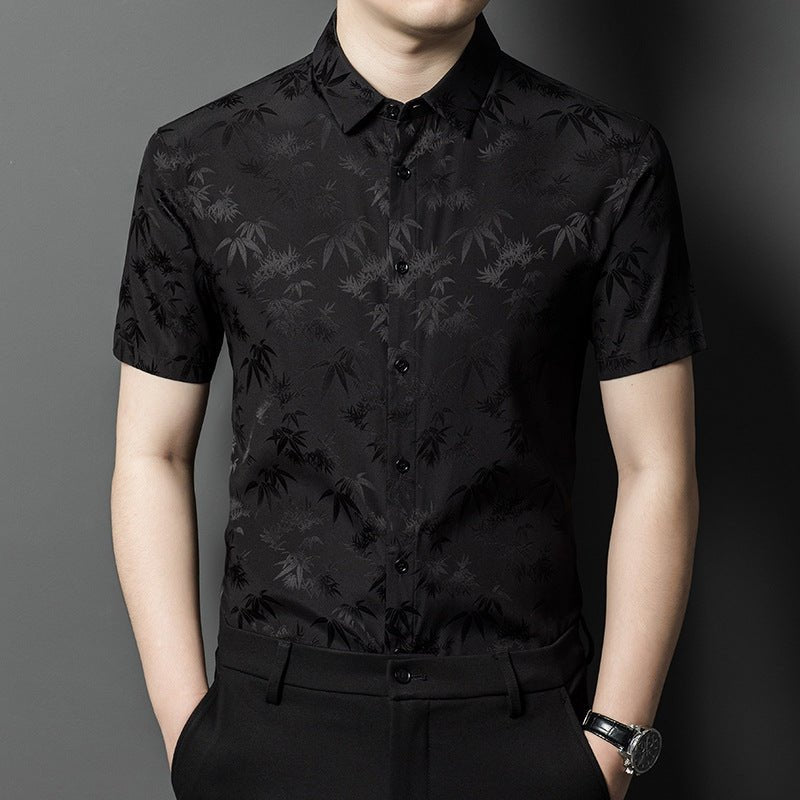 Silk Shirts for Men Short Sleeve Bamboo Jacquard Silk Dress Shirt