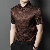 Silk Shirts for Men Short Sleeve Bamboo Jacquard Silk Dress Shirt