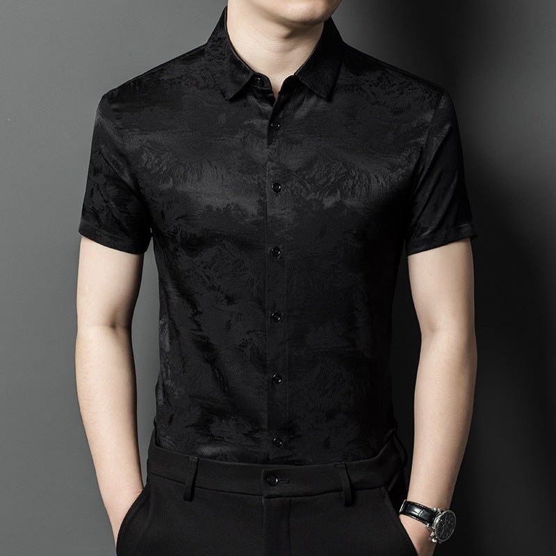 Silk Shirts for Men Short Sleeve Jacquard Silk Button Up Shirt