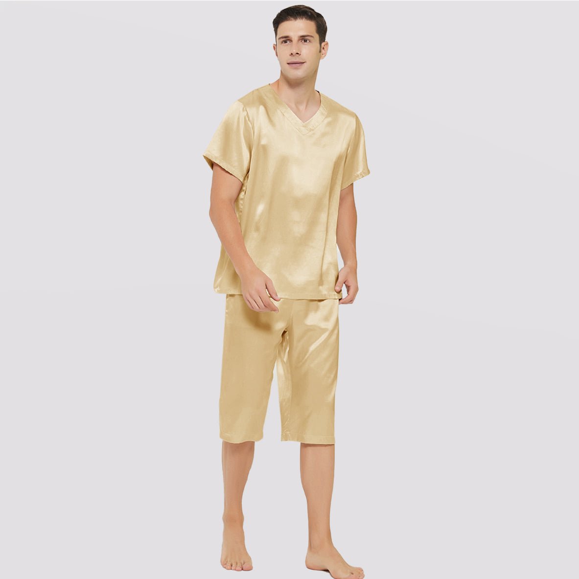 Mens Short Silk Pajama Set Silk Two Piece V Neck Silk Sleepwear