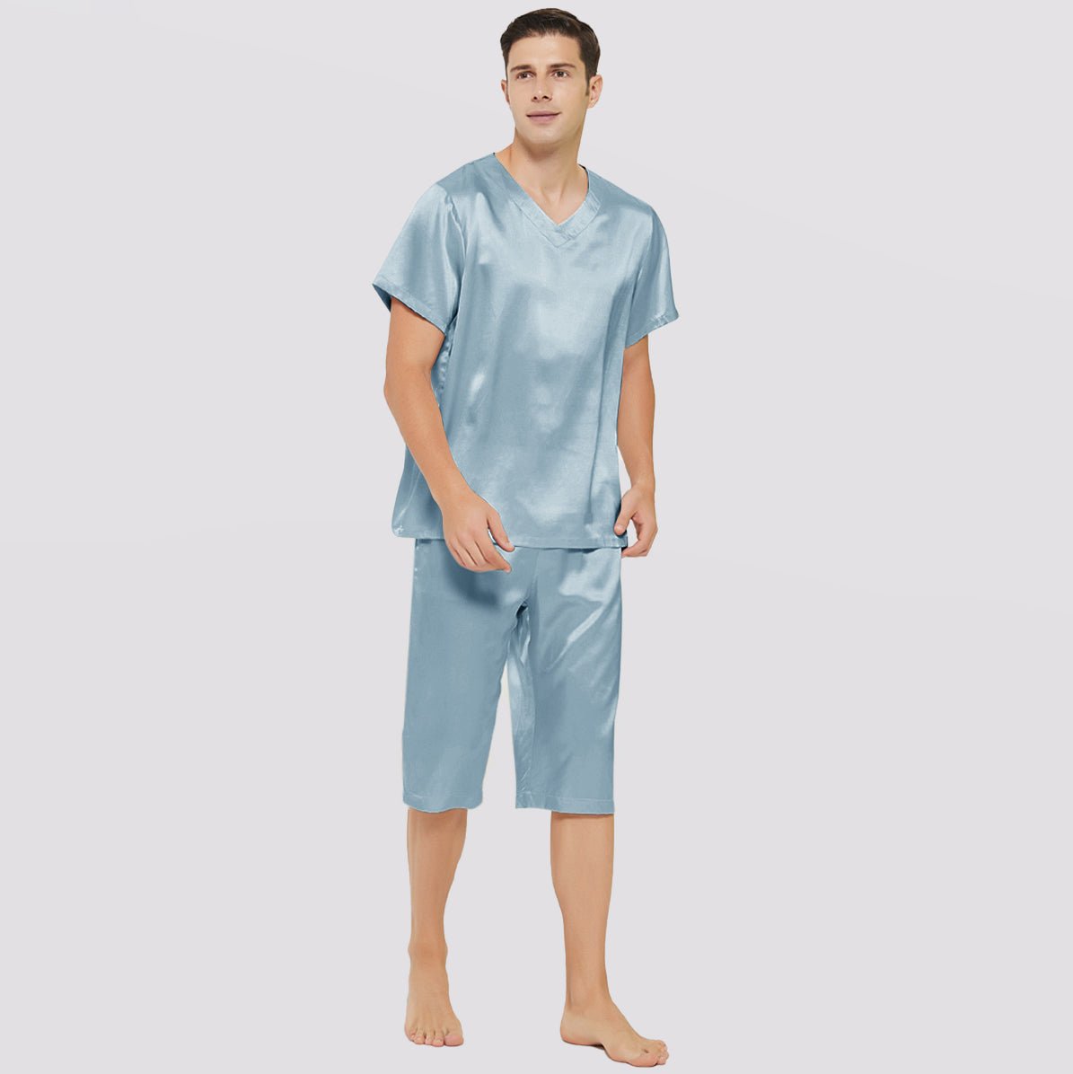 Mens Short Silk Pajama Set Silk Two Piece V Neck Silk Sleepwear