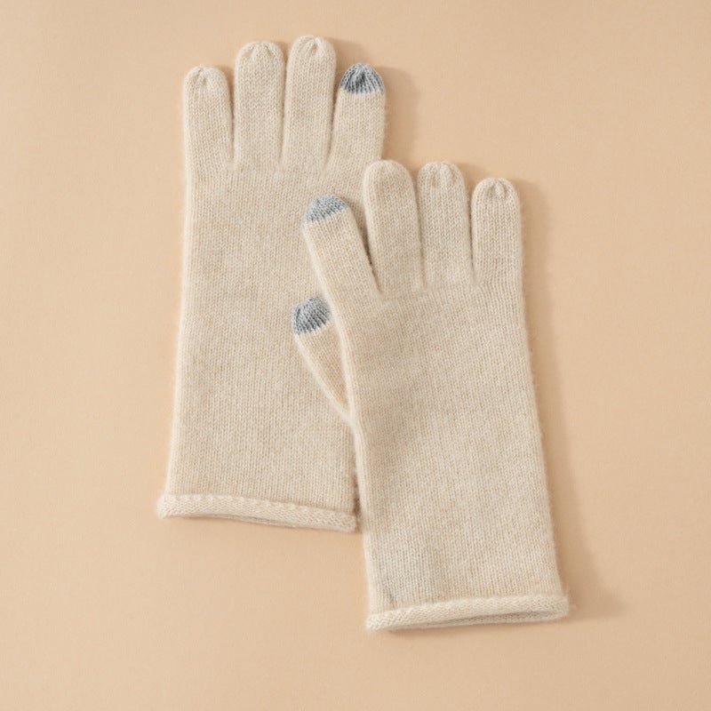 Soft Knit Cashmere Gloves Touch Tip Design Roll Edge Hem
