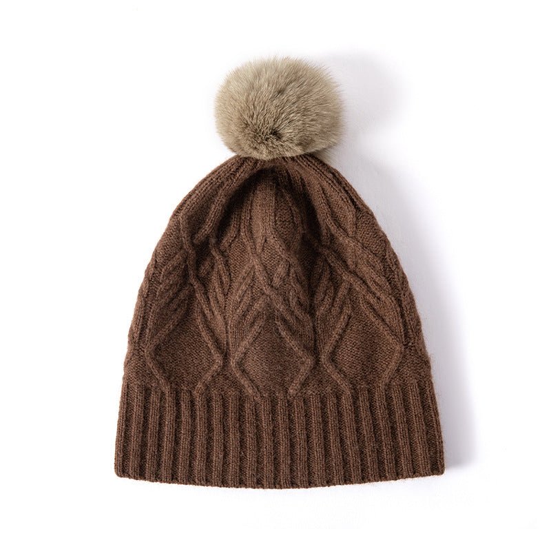 Cashmere Knitted Hat with Fur Pom Cashmere Beanie