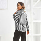 Women Stripe Silk Button Down Blouse Office Work Silk Shirts
