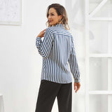 Women Stripe Silk Button Down Blouse Office Work Silk Shirts