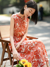 Toile Print Silk Midi Dress for Women Sleeveless Belted Silk Dress Red XS