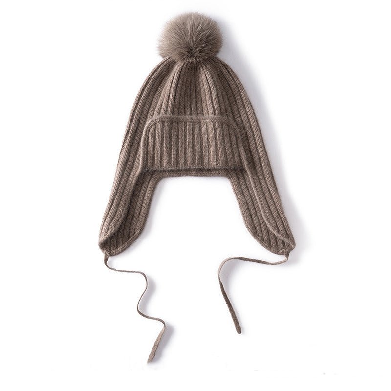 Unisex Cashmere Earflap Hat with Pom - Pom Cashmere Beanie with Tie