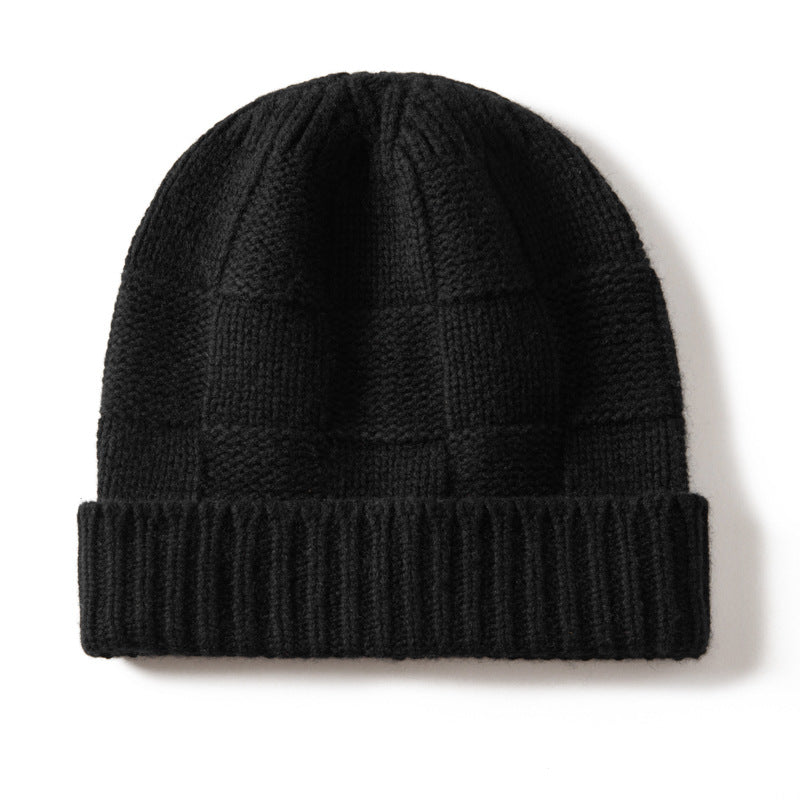 Unisex Checkered Cashmere Beanie Ribbed Brim Cashmere Knit Hat