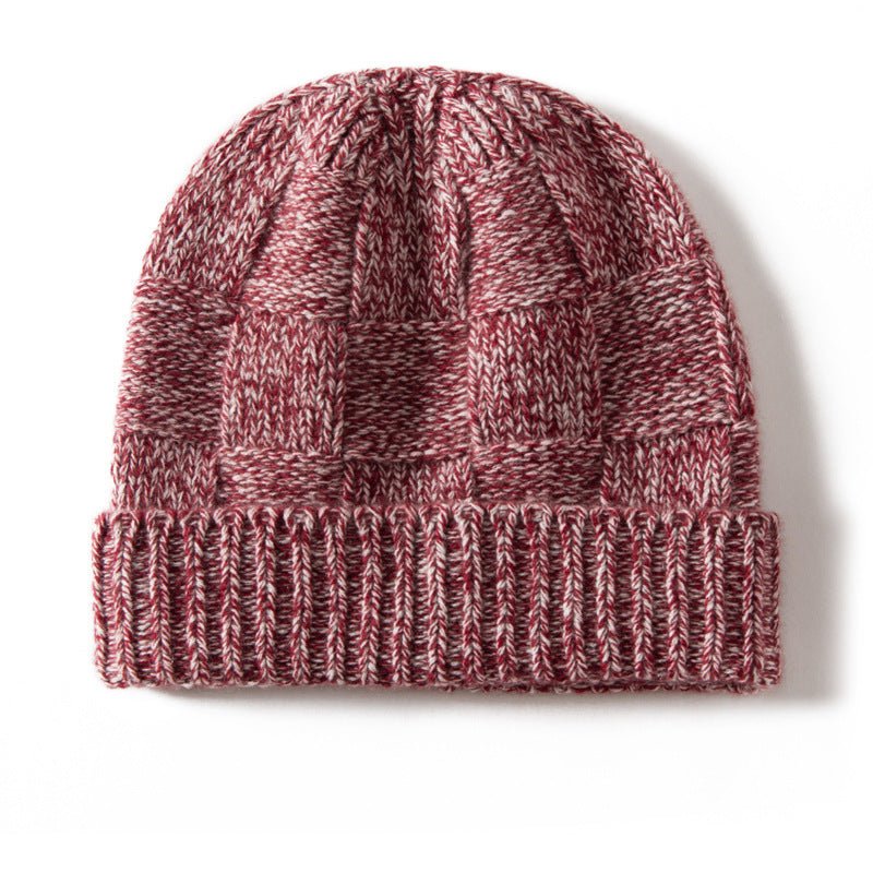 Unisex Checkered Cashmere Beanie Ribbed Brim Cashmere Knit Hat