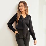 V Neck & Ribbon Silk Blouse For Women Long Sleeves Silk Shirt
