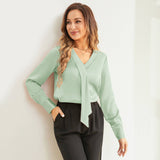 V Neck & Ribbon Silk Blouse For Women Long Sleeves Silk Shirt
