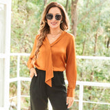 V Neck & Ribbon Silk Blouse For Women Long Sleeves Silk Shirt