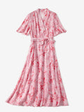 V Neck Silk Midi Dress with Waist Tie Floral Silk Wrap Dress for Women Pink XS