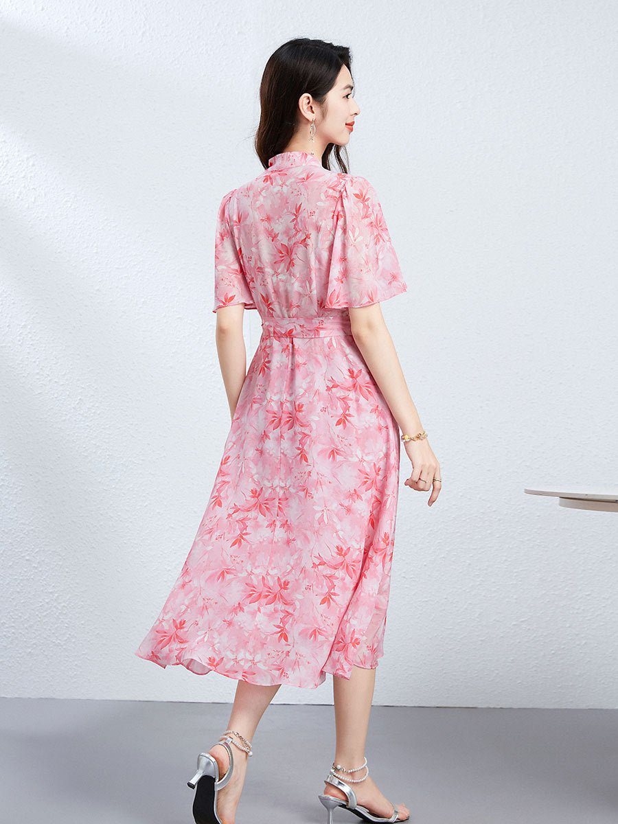 V Neck Silk Midi Dress with Waist Tie Floral Silk Wrap Dress for Women Pink XS