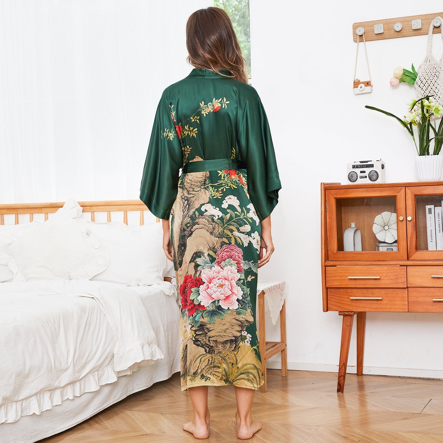 Women Luxury Long 100% Mulberry Vintage Floral Print Silk Kimono Robe
