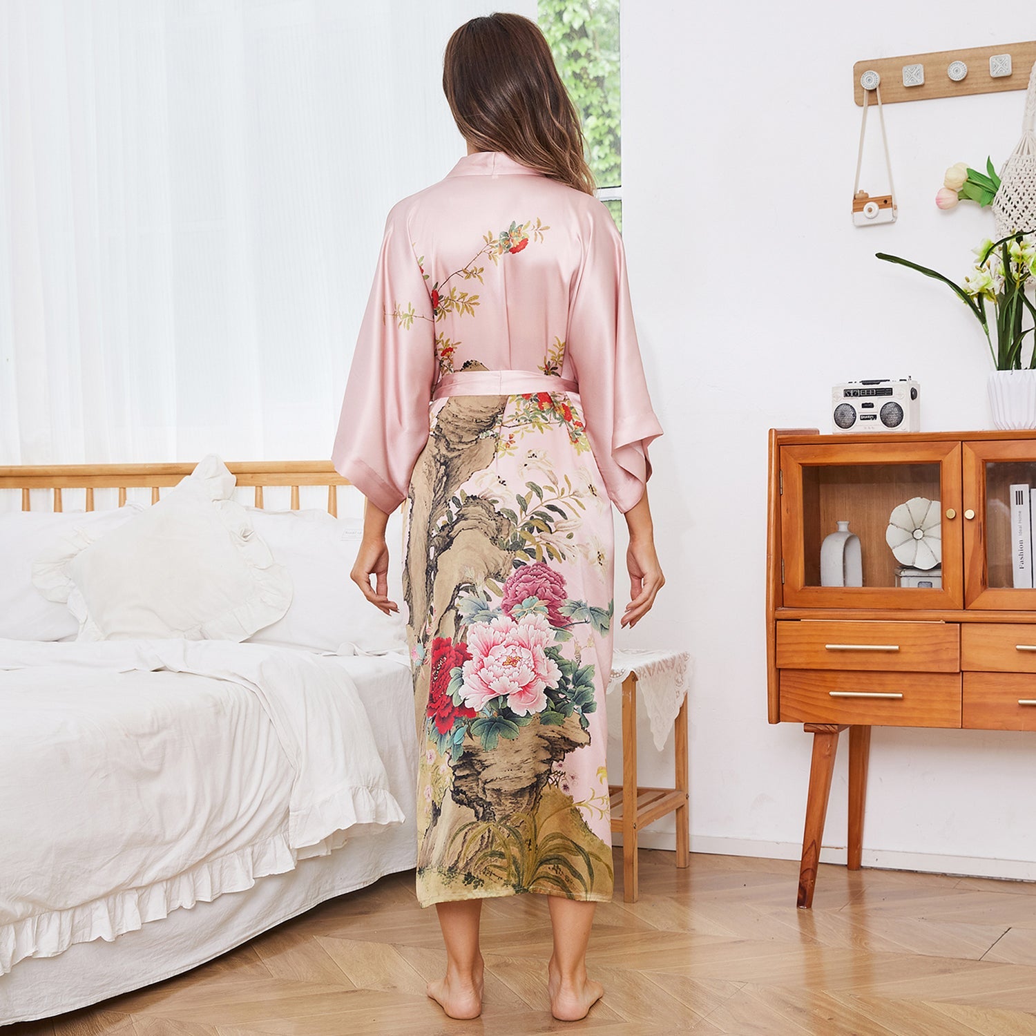 Women Luxury Long 100% Mulberry Vintage Floral Print Silk Kimono Robe