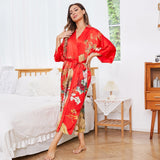 Women Luxury Long 100% Mulberry Vintage Floral Print Silk Kimono Robe