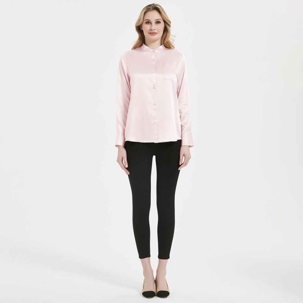 Women Band Collar Silk Blouse For Women 100% Pure Silk Blouse with Pocket
