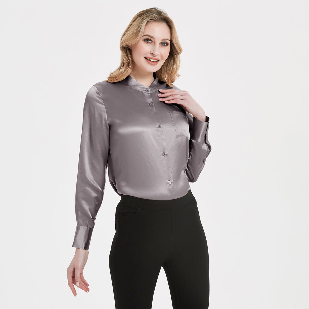 Women Band Collar Silk Blouse For Women 100% Pure Silk Blouse with Pocket