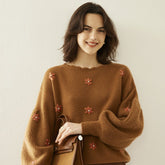 Women Scalloped Neck Cashmere Sweater Floral Embroidery Tops