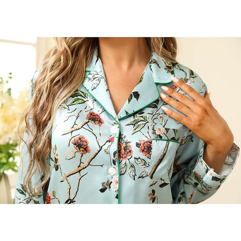 Women Flower Print Silk Pajamas Long Silk Pajama Set Blue XS