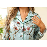Women Flower Print Silk Pajamas Long Silk Pajama Set Blue XS
