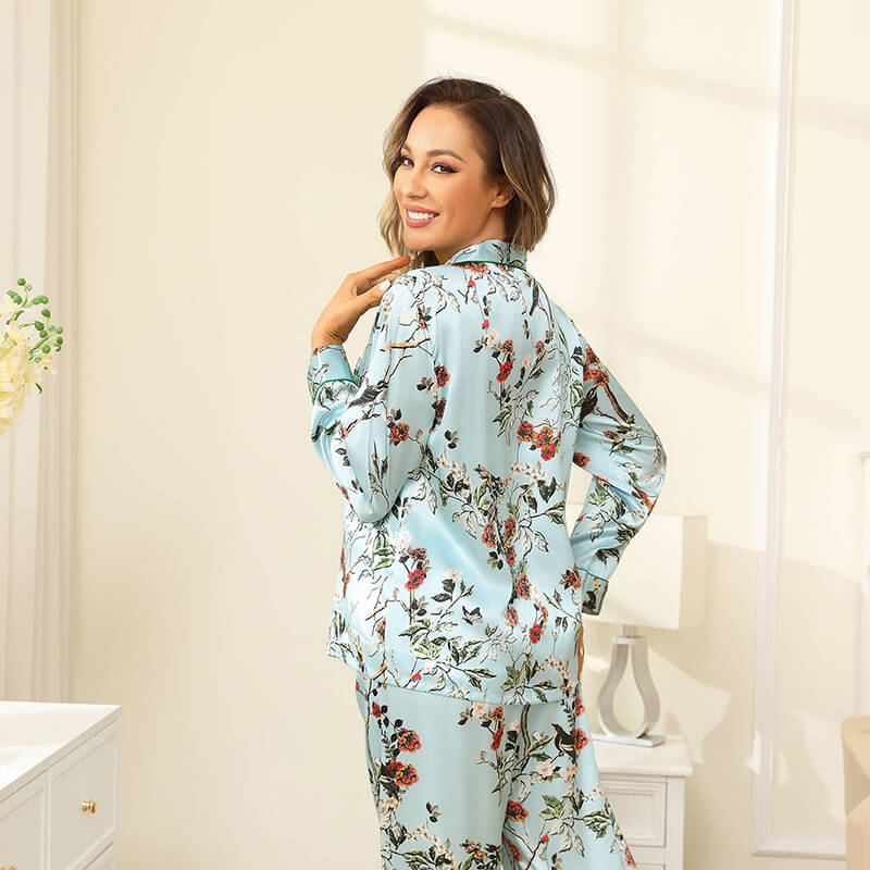 Women Flower Print Silk Pajamas Long Silk Pajama Set Blue XS