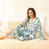 Women Flower Print Silk Pajamas Long Silk Pajama Set Blue XS