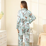 Women Flower Print Silk Pajamas Long Silk Pajama Set Blue XS