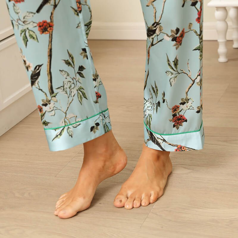 Women Flower Print Silk Pajamas Long Silk Pajama Set Blue XS