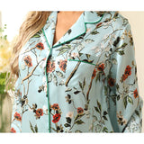 Women Flower Print Silk Pajamas Long Silk Pajama Set Blue XS