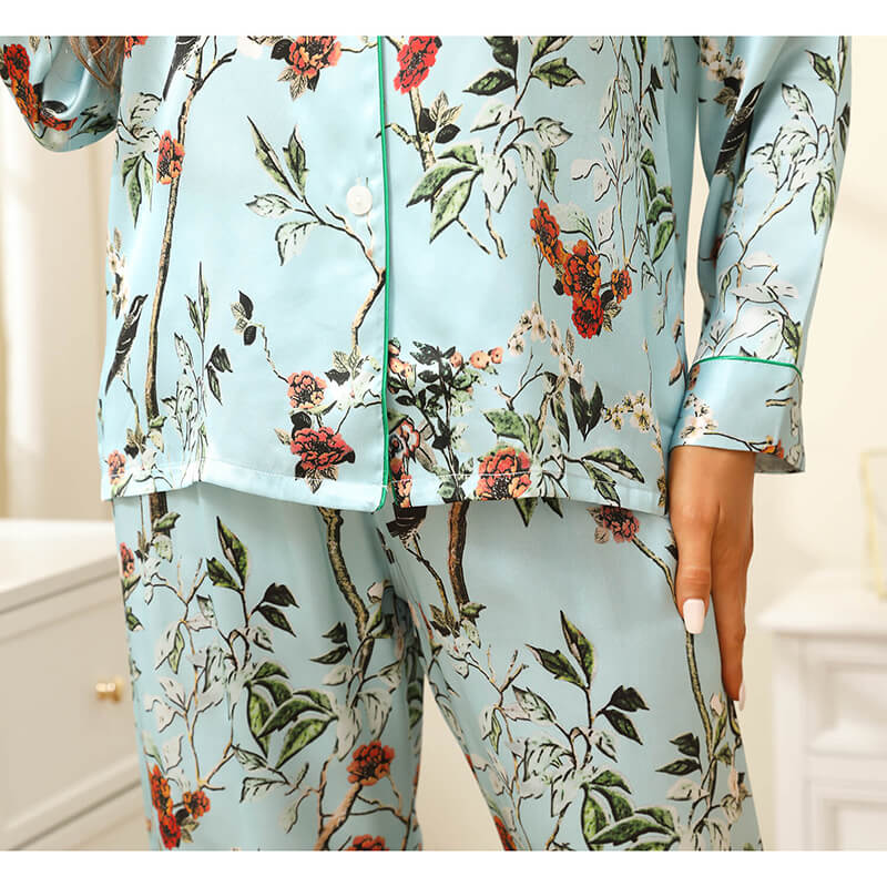 Women Flower Print Silk Pajamas Long Silk Pajama Set Blue XS