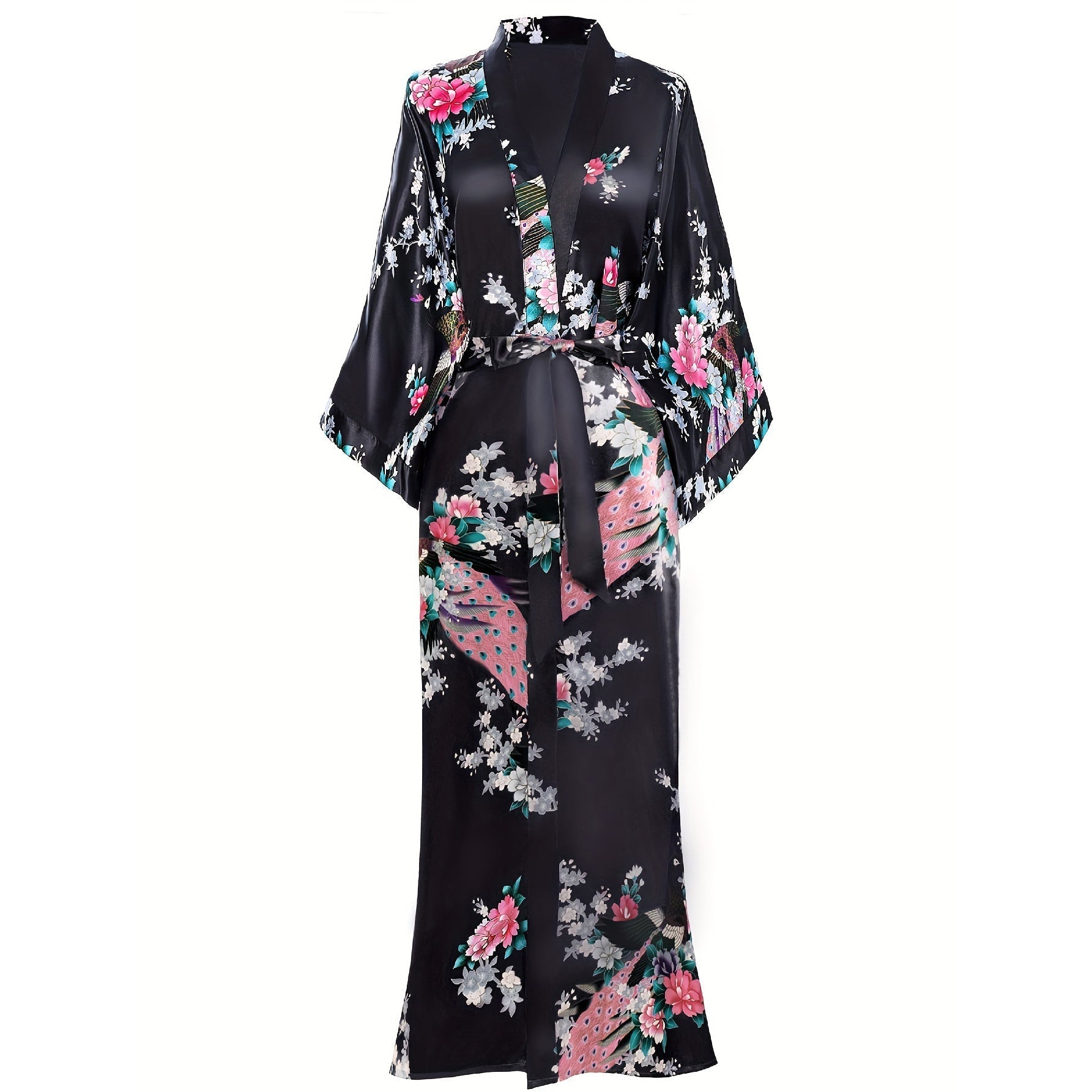 Women Peacock Print Silk Kimono Hand Painted Silk Kimono Black One size fits most