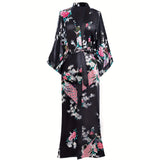 Women Peacock Print Silk Kimono Hand Painted Silk Kimono Black One size fits most