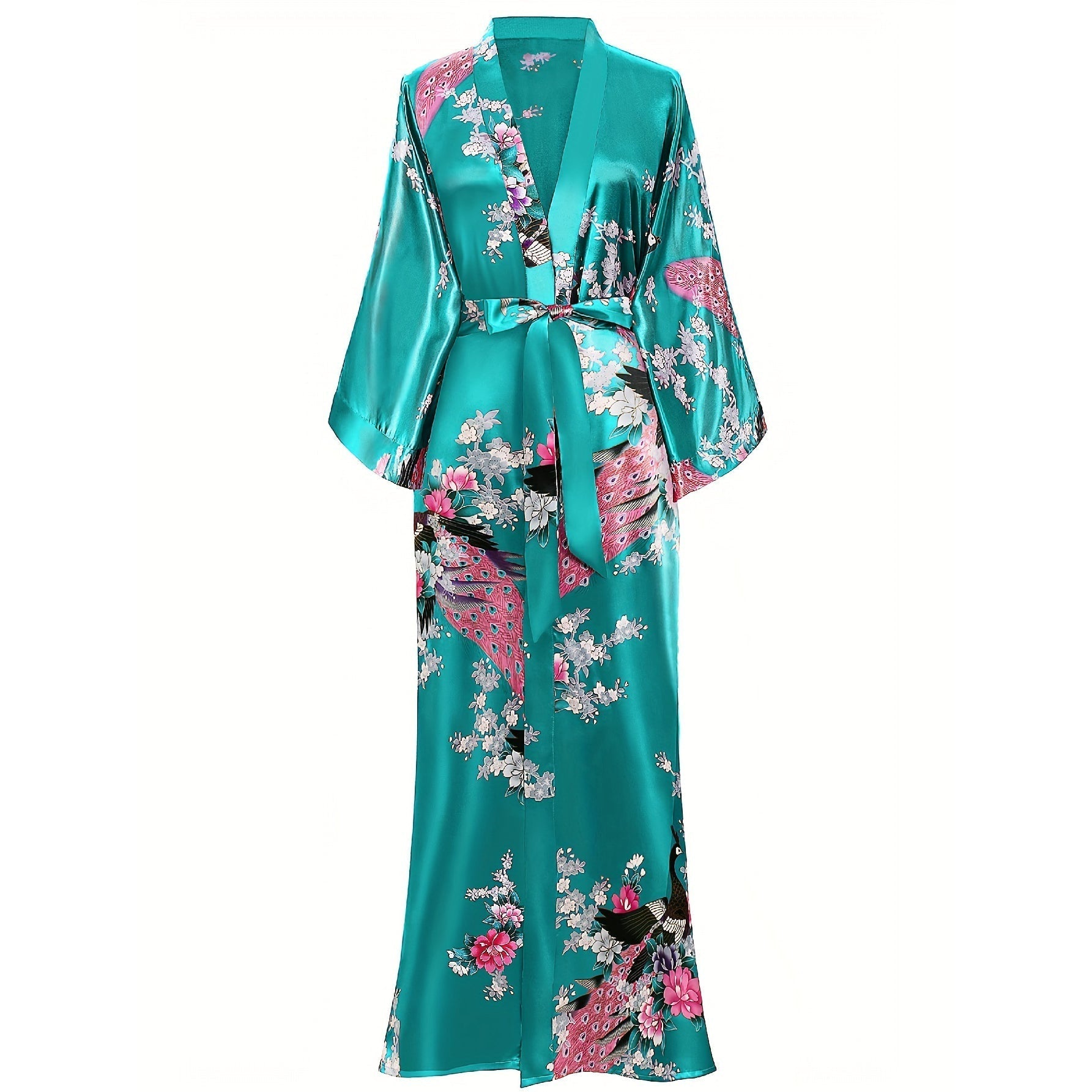 Women Peacock Print Silk Kimono Hand Painted Silk Kimono Green One size fits most