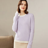 Women's 100% Cashmere Colorblock Knitted Jacquard Crewneck Sweater Lavender XS