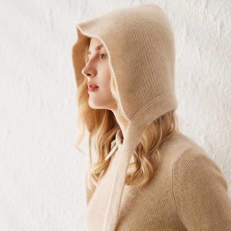 Womens 100% Cashmere Knit Hood with Ties Cashmere Hood Hat