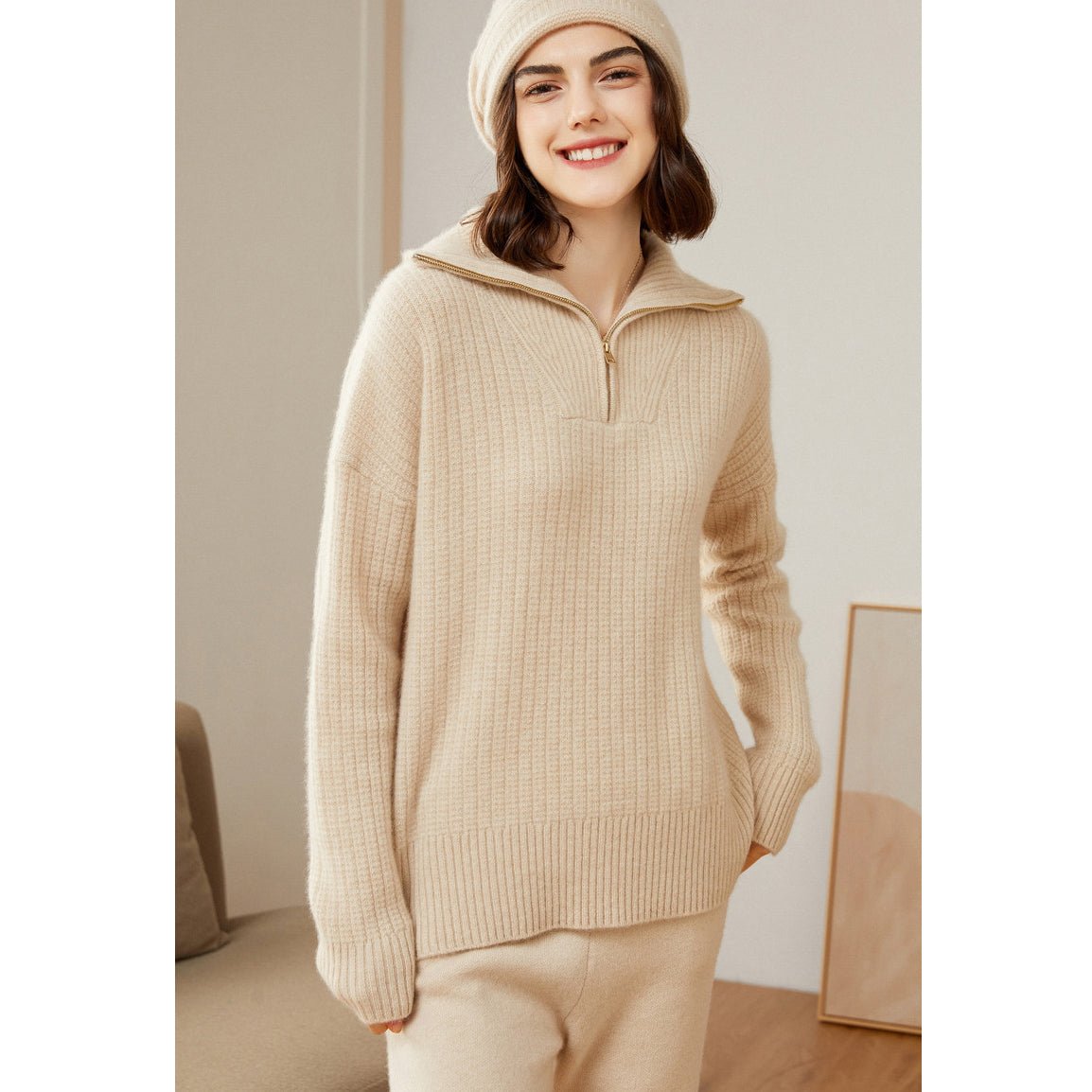 Womens Cashmere Half Zip Sweater Waffle Knit Polo Cashmere Sweater Beige XS