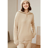 Womens Cashmere Half Zip Sweater Waffle Knit Polo Cashmere Sweater Beige XS