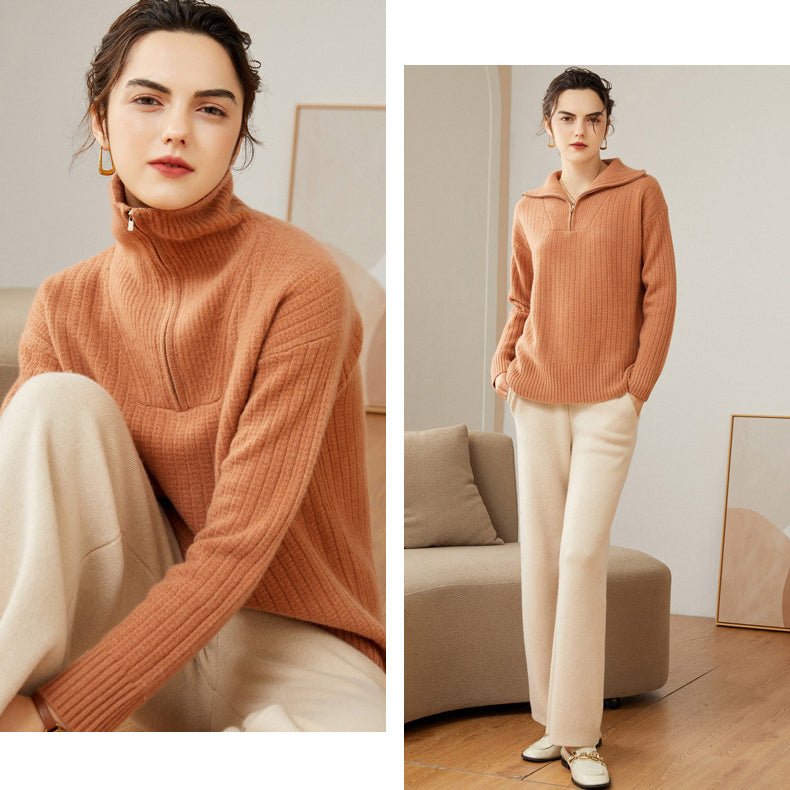 Womens Cashmere Half Zip Sweater Waffle Knit Polo Cashmere Sweater Camel XS