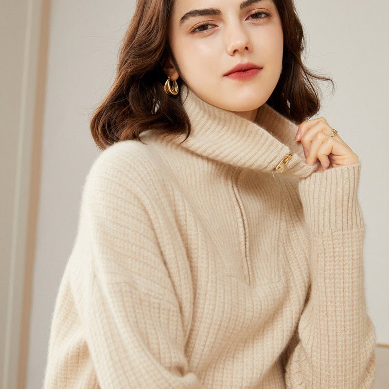 Womens Cashmere Half Zip Sweater Waffle Knit Polo Cashmere Sweater Beige XS