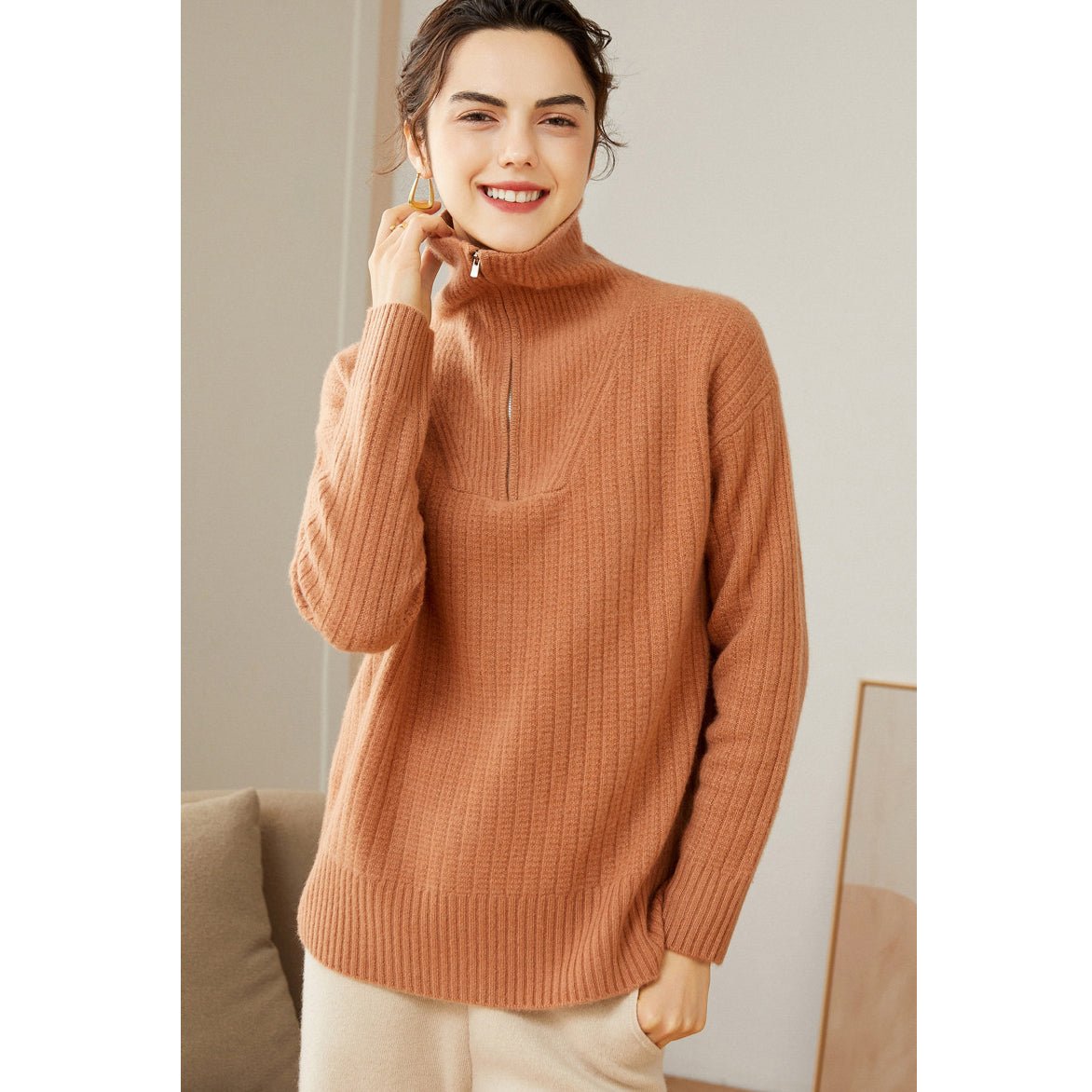 Womens Cashmere Half Zip Sweater Waffle Knit Polo Cashmere Sweater Camel XS