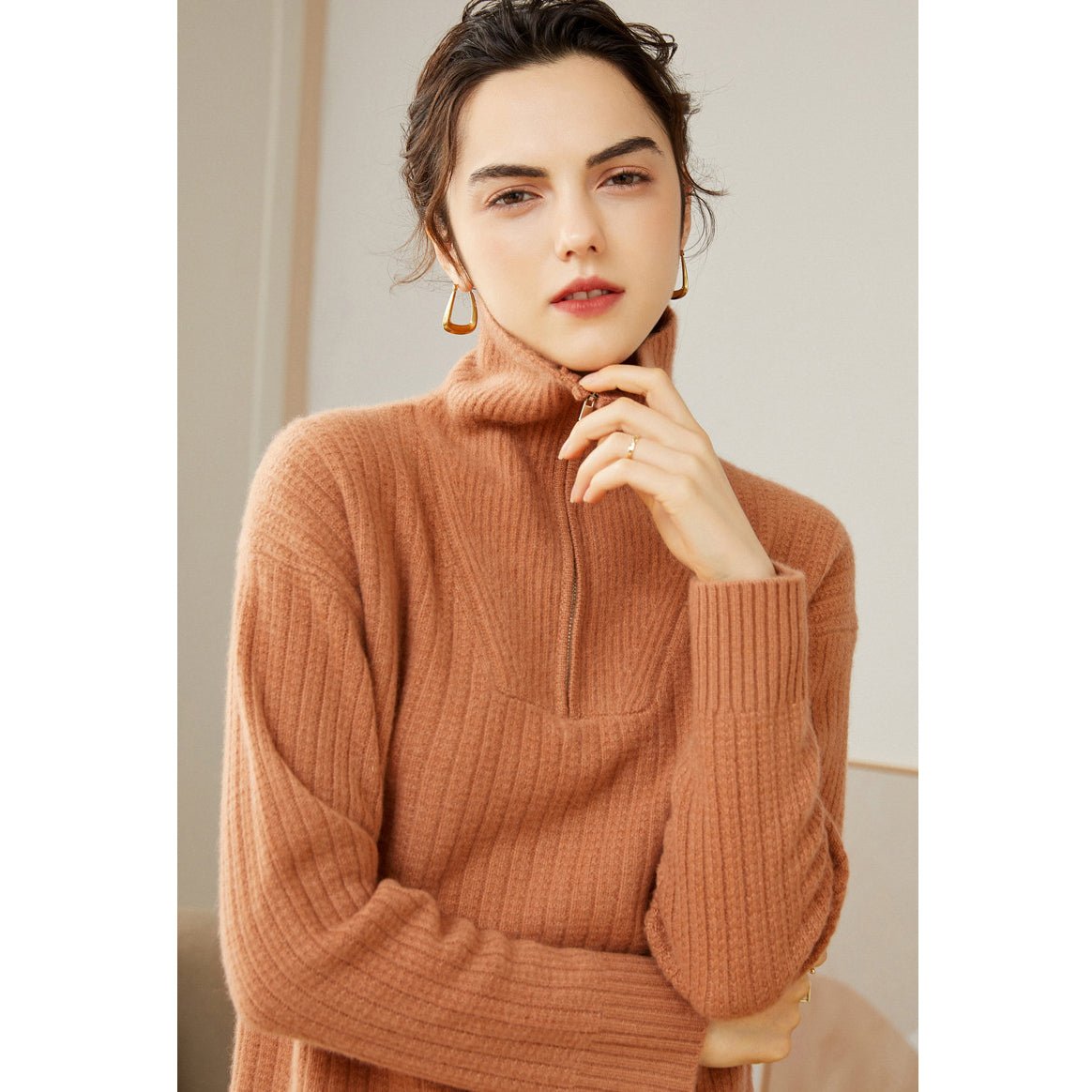 Womens Cashmere Half Zip Sweater Waffle Knit Polo Cashmere Sweater Ivory XS