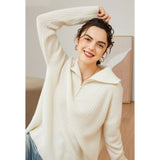 Womens Cashmere Half Zip Sweater Waffle Knit Polo Cashmere Sweater Ivory XS