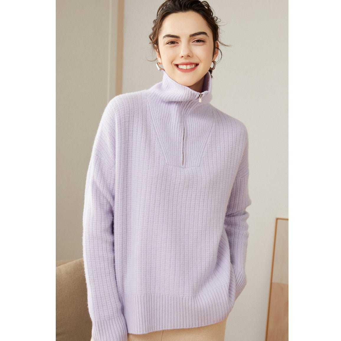 Womens Cashmere Half Zip Sweater Waffle Knit Polo Cashmere Sweater Lavender XS